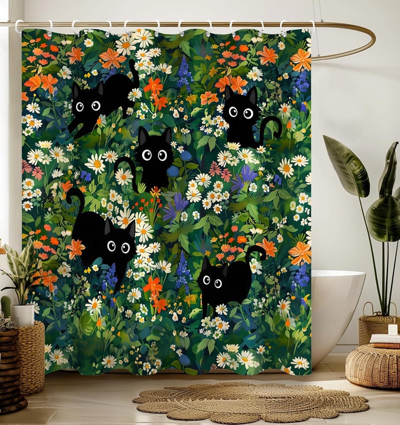 Stanoha Shower Curtain for Bathroom Stall Boho Modern Cute Aesthetic Decorative Girly Waterproof Unique Cats Flowers Girls Chic Print Design Teen Pretty Women Cortinas de Baño Bathtub 72 x72 Inch - Image 1